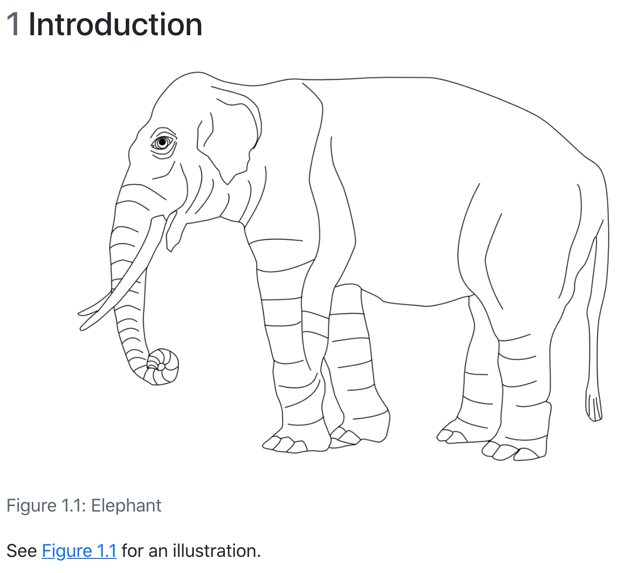 코끼리 그림 위에 '1 Introduction', 아래에는 'Figure 1.1: Elephant'과 'See fig. 1.1 for an illustration'이 표시된 예시