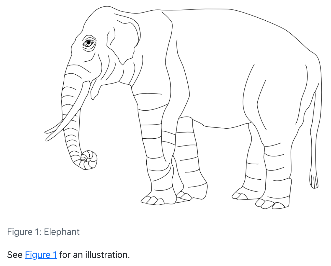 코끼리의 선 그림. 아래 중앙에 'Figure 1: Elephant'가 표시됩니다. 그 아래 왼쪽에는 'See fig. 1 for an illustration' 문장이 있습니다.