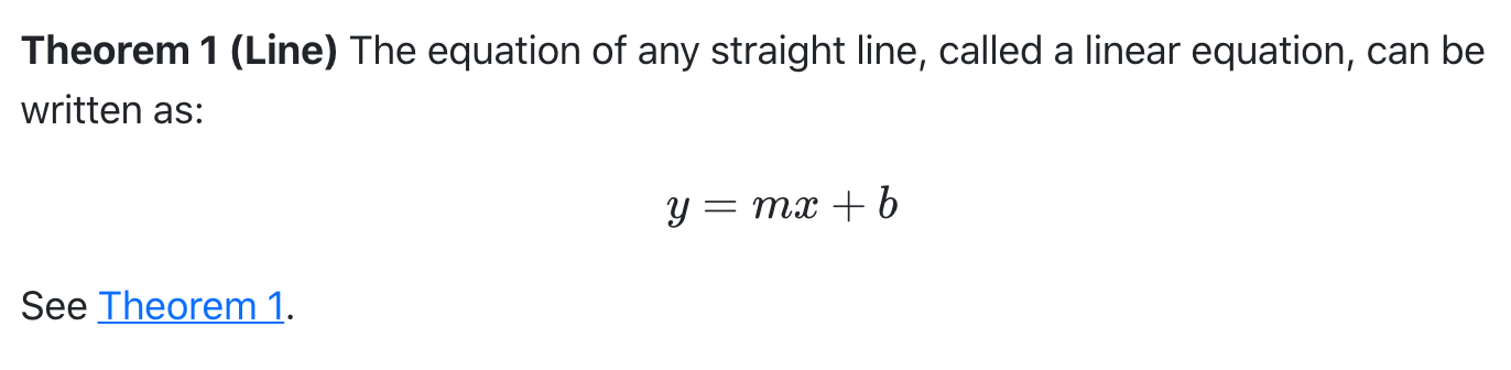 'Thereom 1 (Line)... y = mx + b'가 표시된 LaTeX 예시와 'See thm. 1' 텍스트