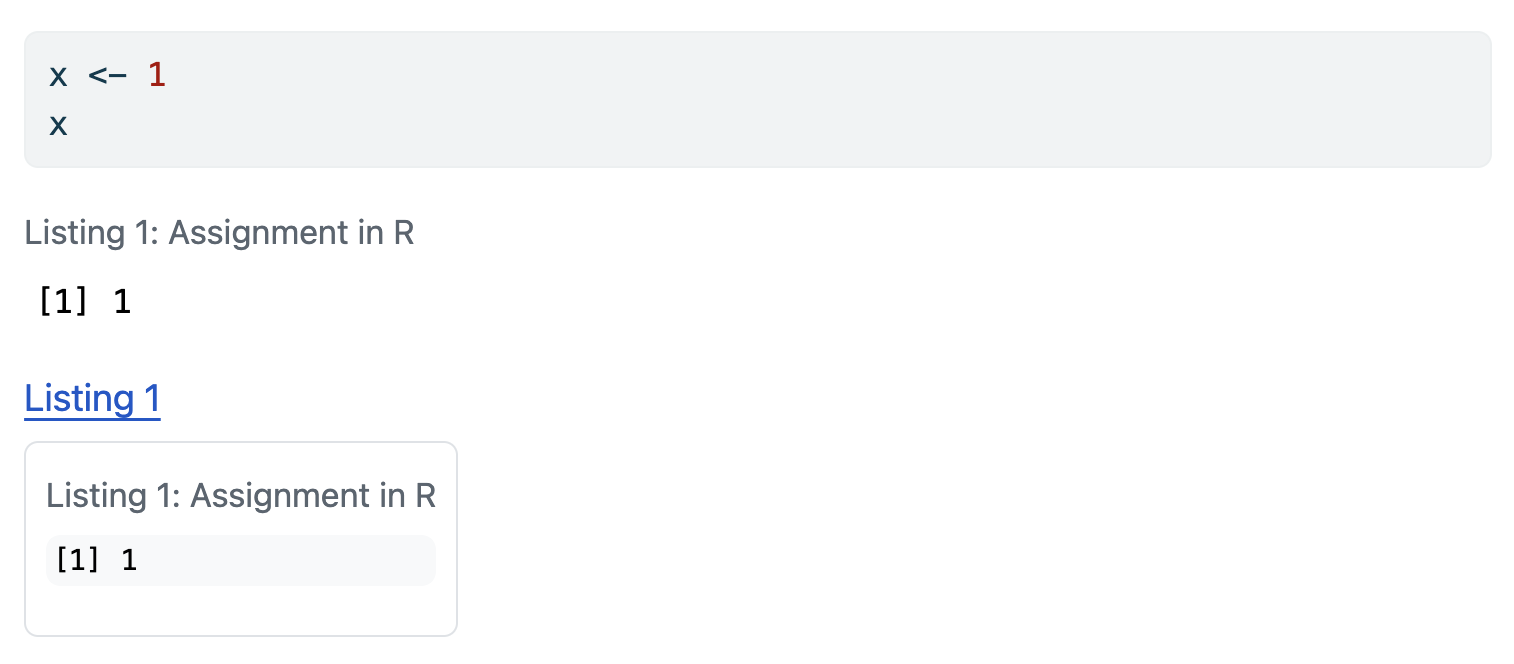 코드 셀이 먼저 나오고, Listing 1에 출력이 들어간 화면 예시