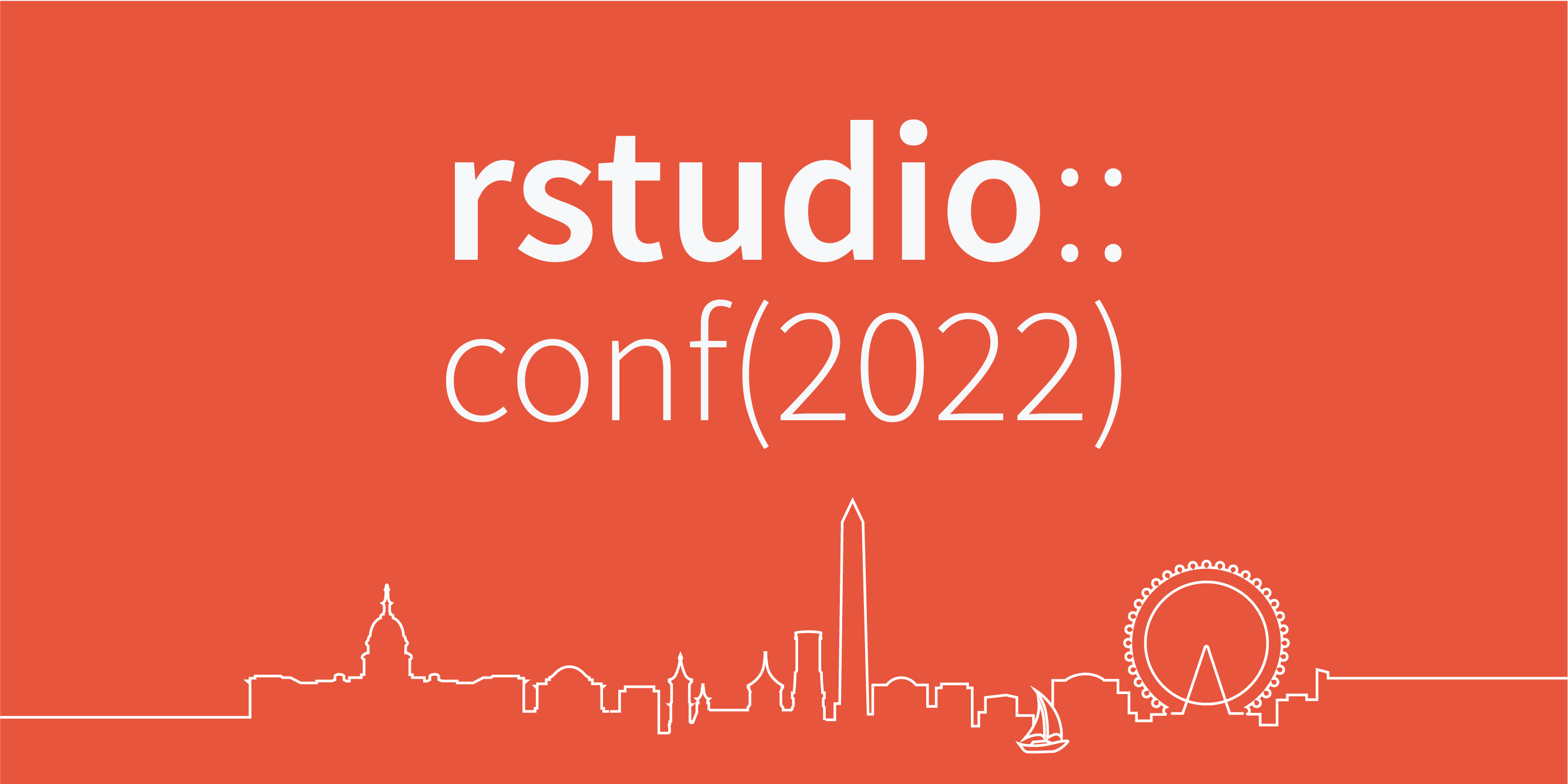rstudio::conf(2022) 로고: 오렌지 배경에 워싱턴 DC 스카이라인 윤곽.
