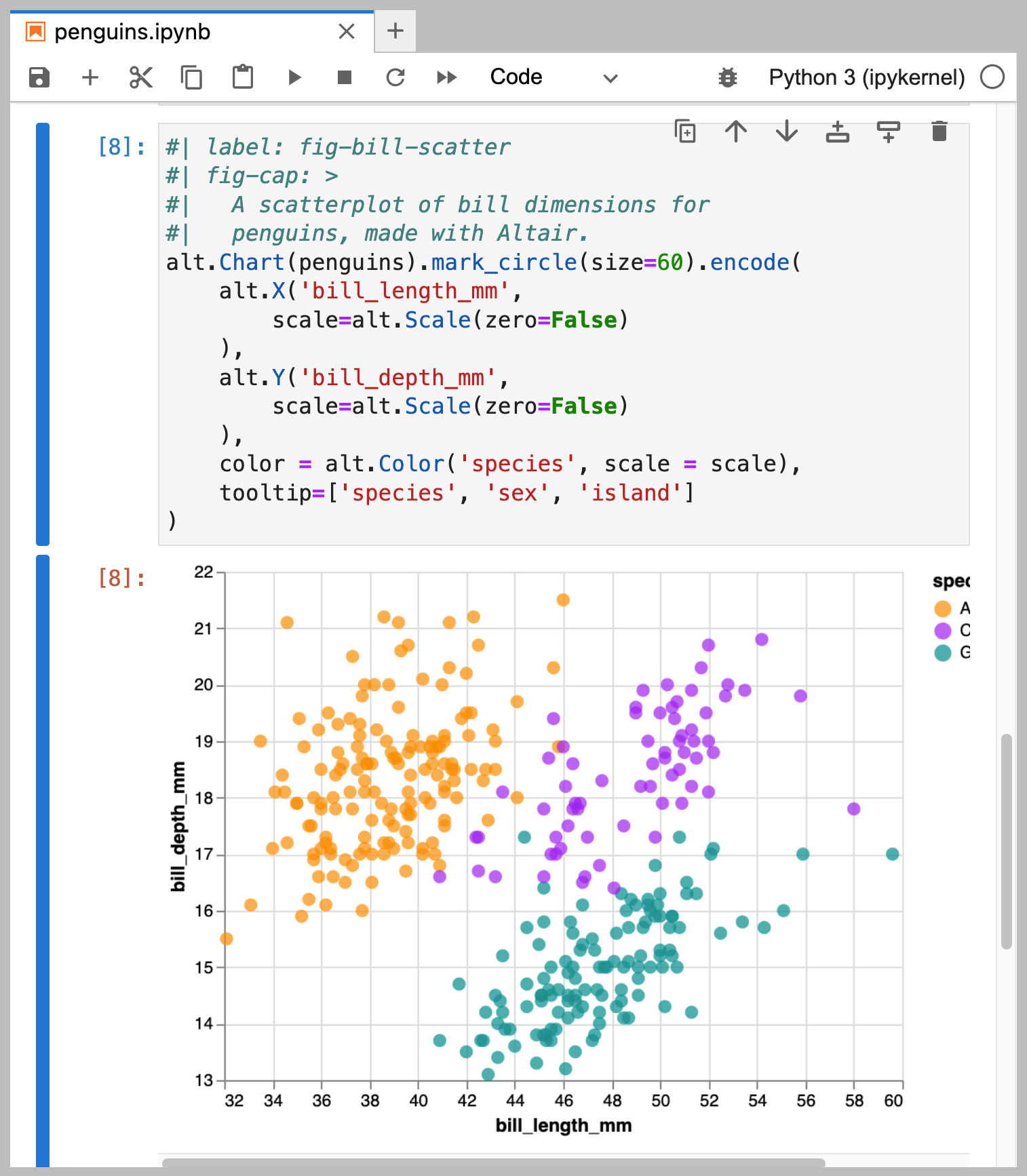 'penguins.ipynb'라는 이름의 Jupyter Notebook 스크린샷. fig-bill-scatter로 레이블이 지정된 코드 청크 옵션을 가진 셀이 강조되어 있고, 아래에는 출력된 플롯이 있음.