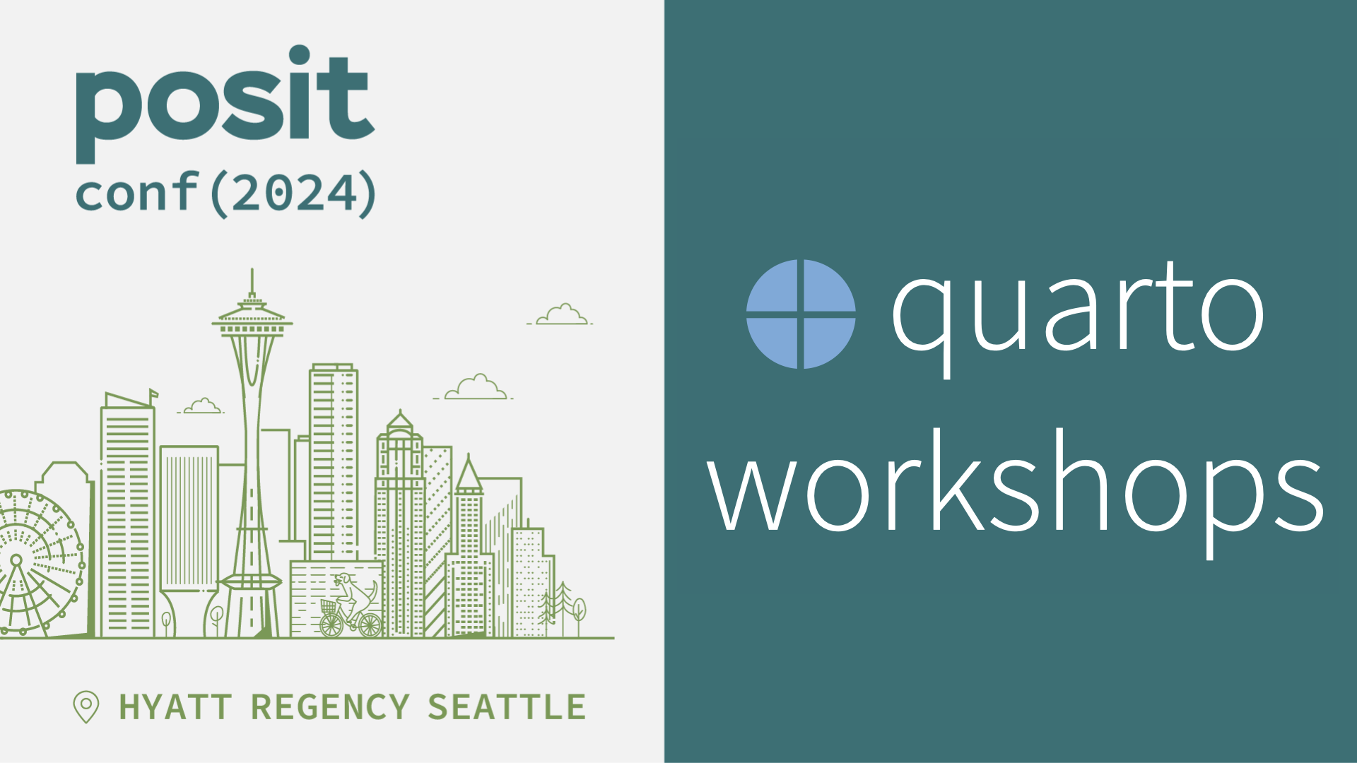 posit::conf(2024) 아이콘과 왼쪽 시애틀 스카이라인, 오른쪽 'Quarto workshops' 글자