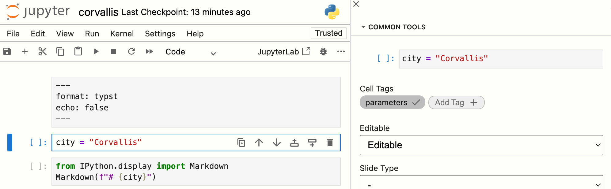 파라미터 태그가 추가된 Jupyter 노트북 셀의 스크린샷입니다.