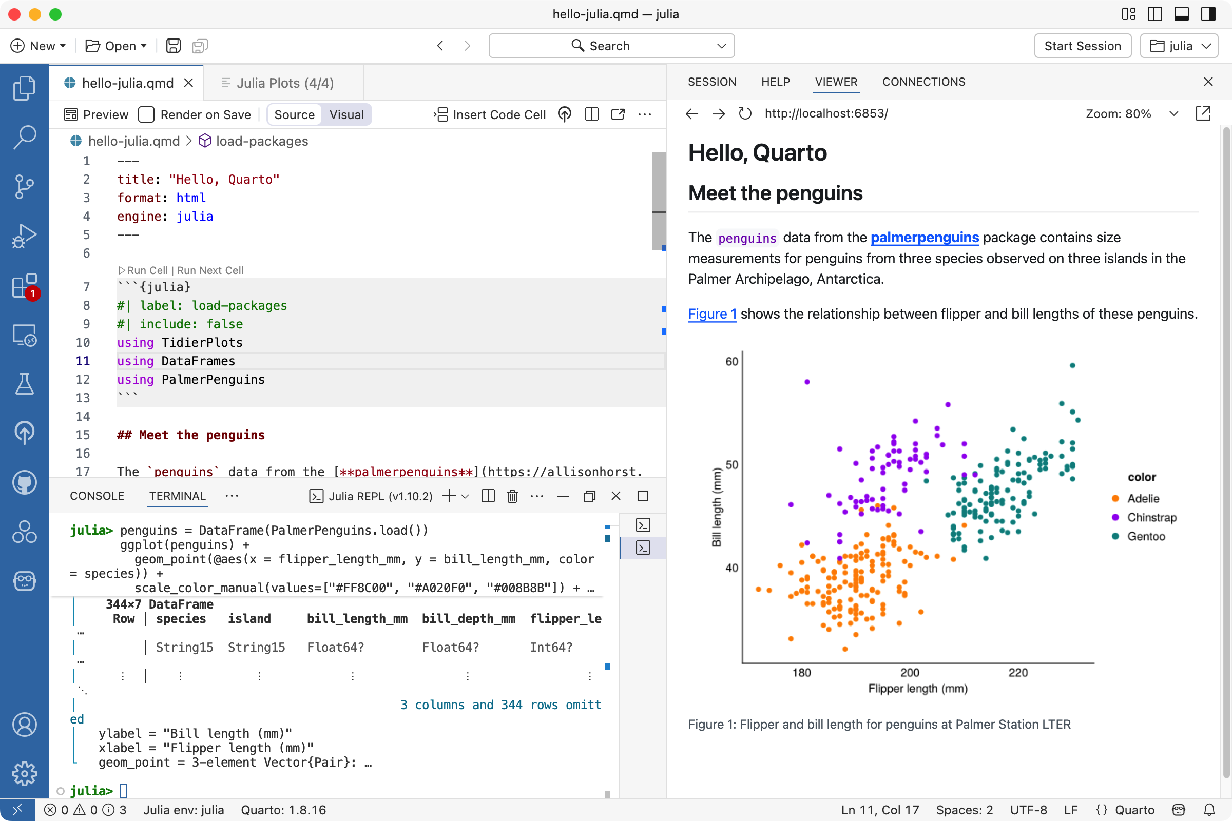 편집기 패널에 소스 마크다운이 표시되고, 뷰어 패널에 렌더링된 문서가 표시된 Positron의 qmd 파일 스크린샷.