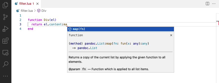 VS Code에서 Lua 파일을 열고 Lua 함수에 대한 코드 완성 팝업이 표시된 화면.