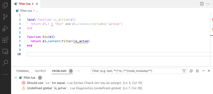 VS Code에서 Lua 파일을 열었을 때 코드 편집기 아래 Problems 패널에 진단 오류가 표시된 화면.