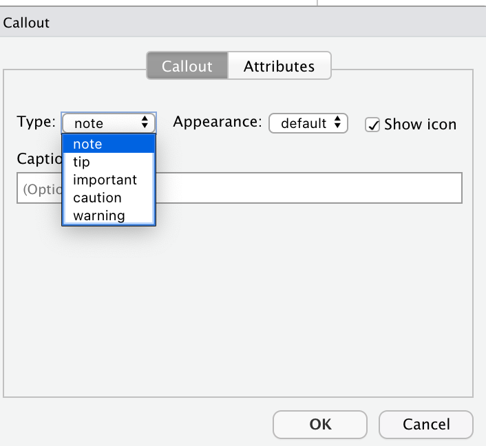 콜아웃 대화 상자. note 유형이 선택되어 있고 기본 모양이며 아이콘 표시가 체크되어 있습니다.