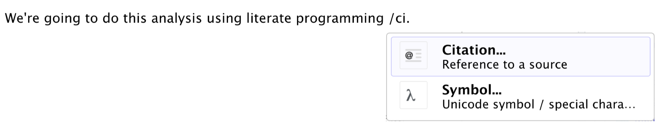 시각적 편집기에서 Insert Anything 도구로 인용을 삽입하는 모습.