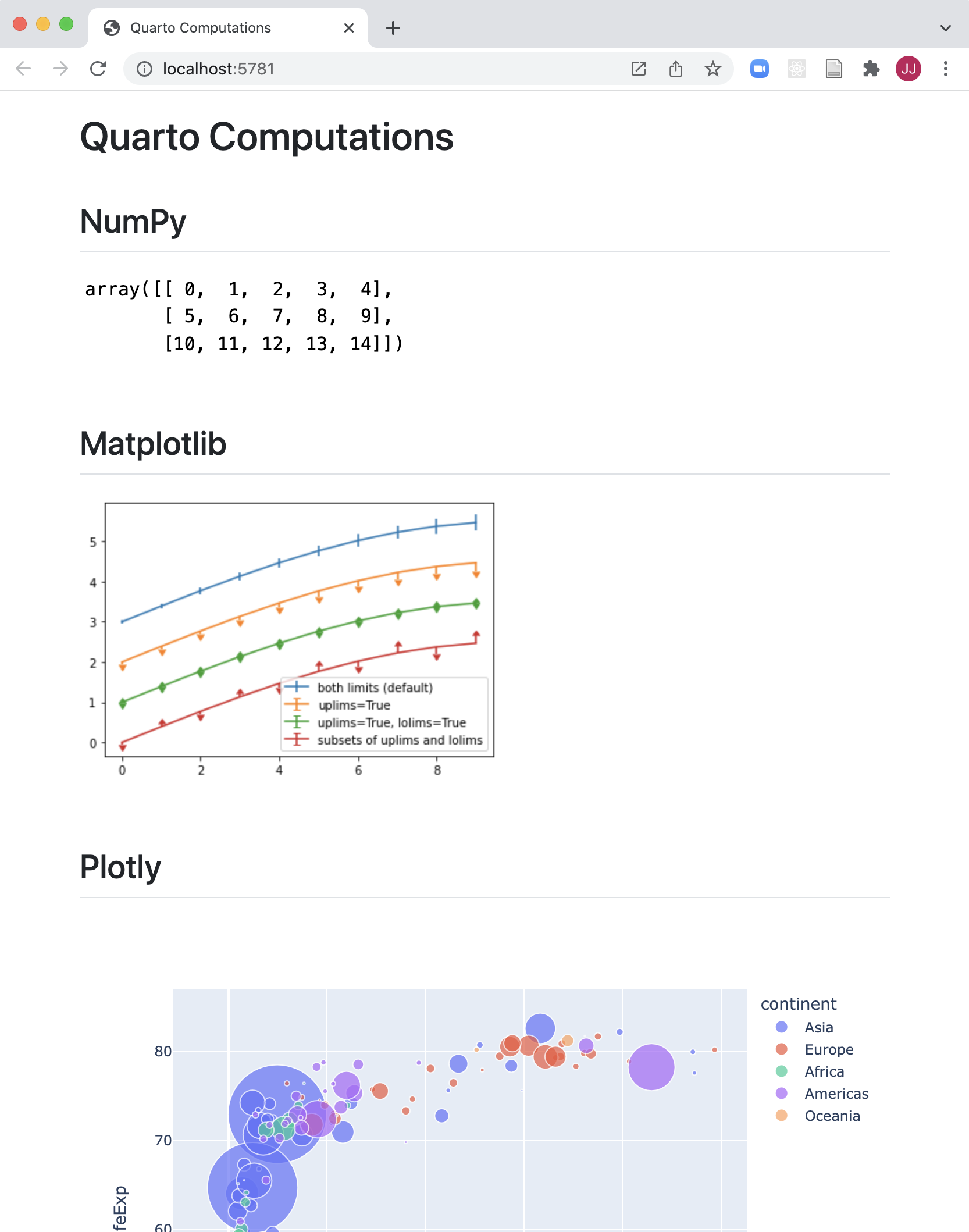 computations.qmd에 'echo: false'를 설정한 출력. 제목과 NumPy 섹션의 배열, Matplotlib 섹션의 선 그래프, Plotly 섹션의 대화형 버블 차트가 보입니다.