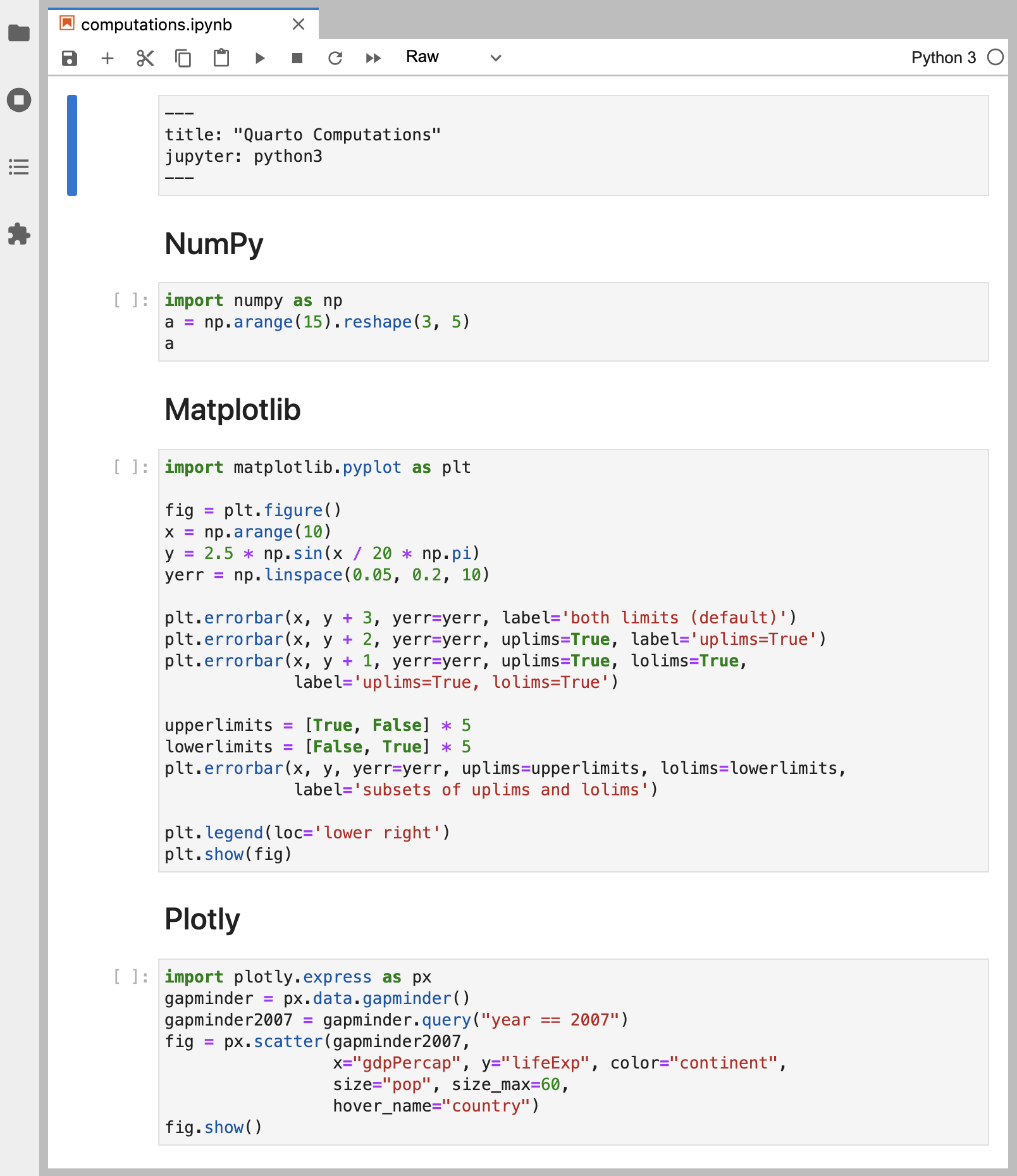 NumPy, Matplotlib, Plotly 코드 셀이 보이는 computations.ipynb Jupyter 노트북 스크린샷.