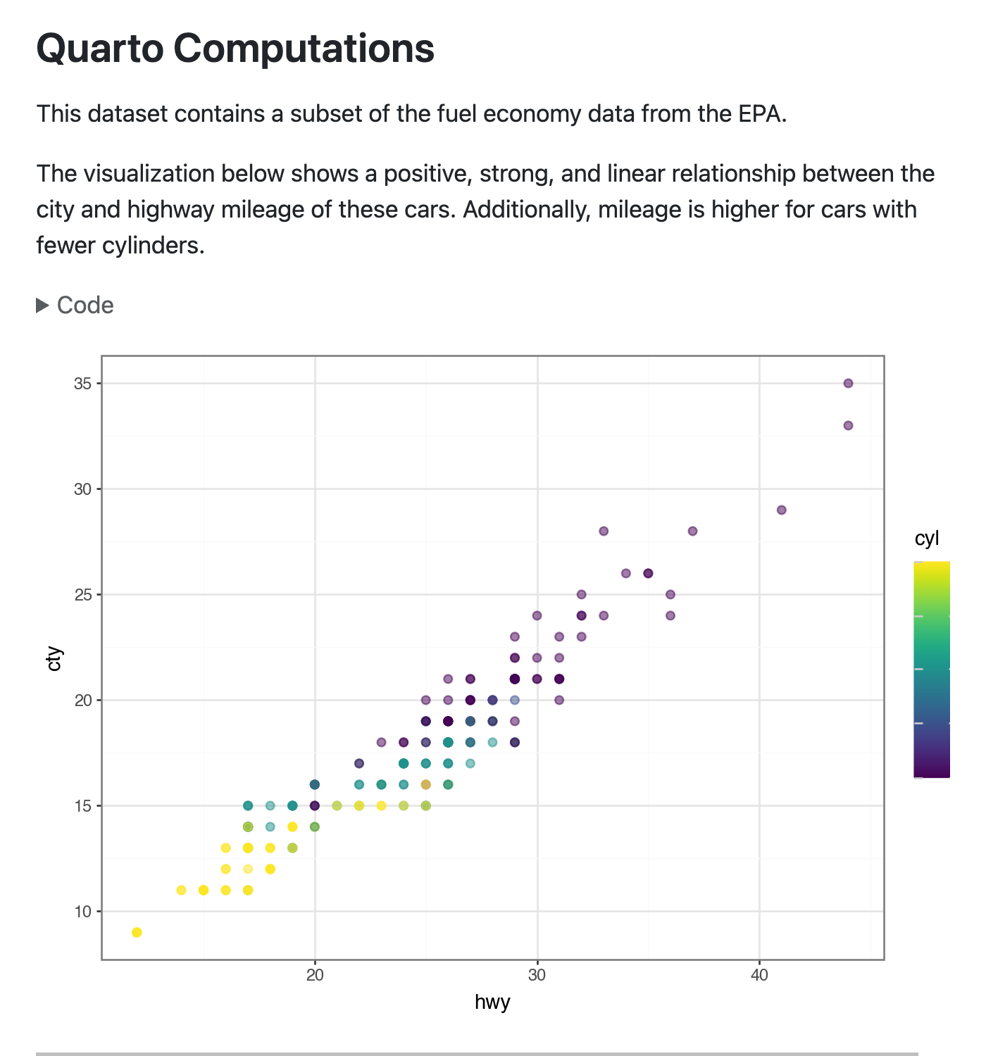 Quarto Computations 문서 일부. 접힌 코드 셀이 두 개 있으며, 펼치기 버튼이 보입니다.