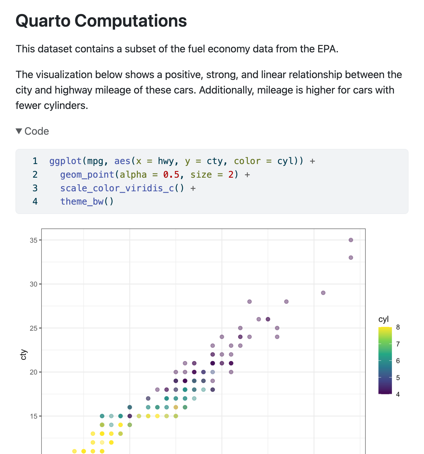 Quarto Computations 문서 일부. 펼쳐진 코드 셀에 줄 번호가 표시됩니다.