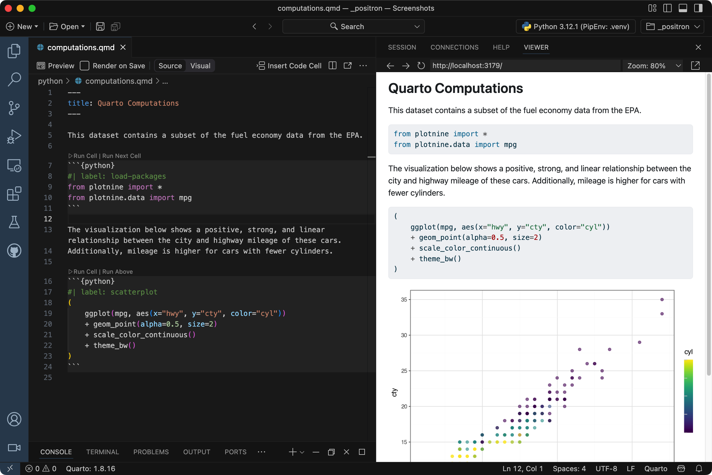 Positron에서 `computations.qmd`가 편집기에 열려 있으며 Viewer에서 문서 미리보기가 표시됩니다.