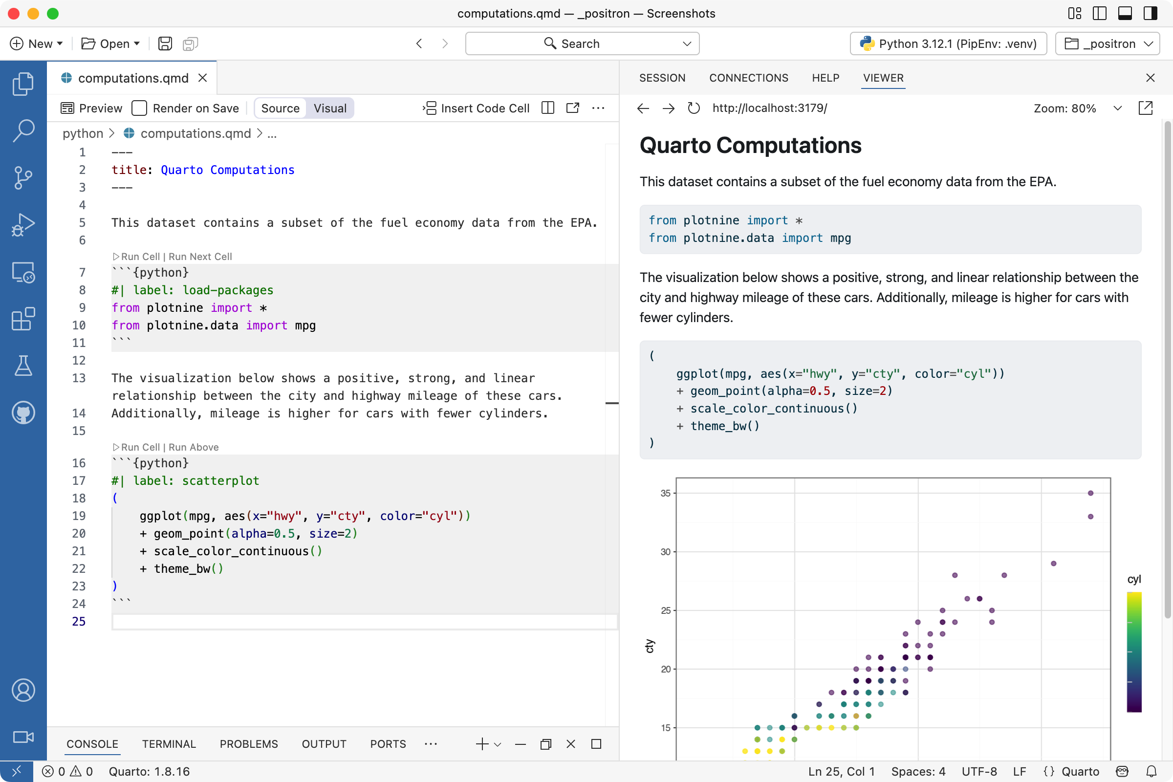 Positron에서 `computations.qmd`가 편집기에 열려 있으며 Viewer에서 문서 미리보기가 표시됩니다.