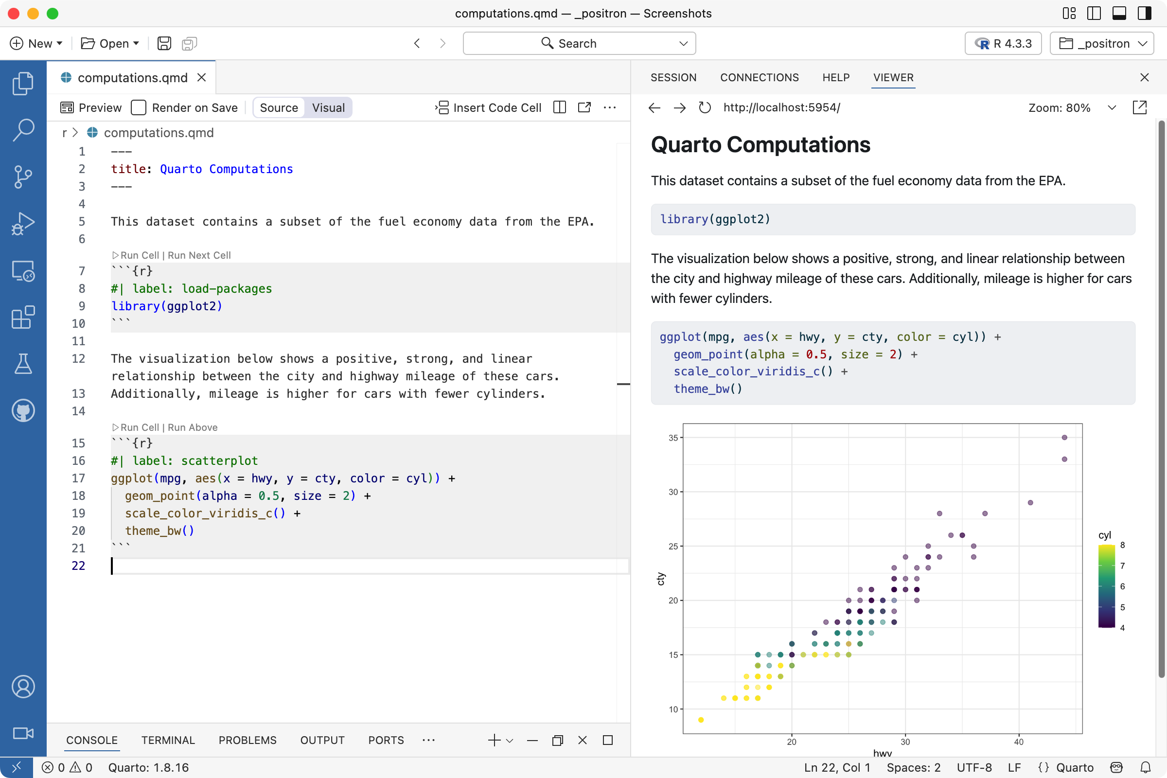 Positron에서 `computations.qmd`가 편집기에 열려 있으며 Viewer에서 문서 미리보기가 표시됩니다.