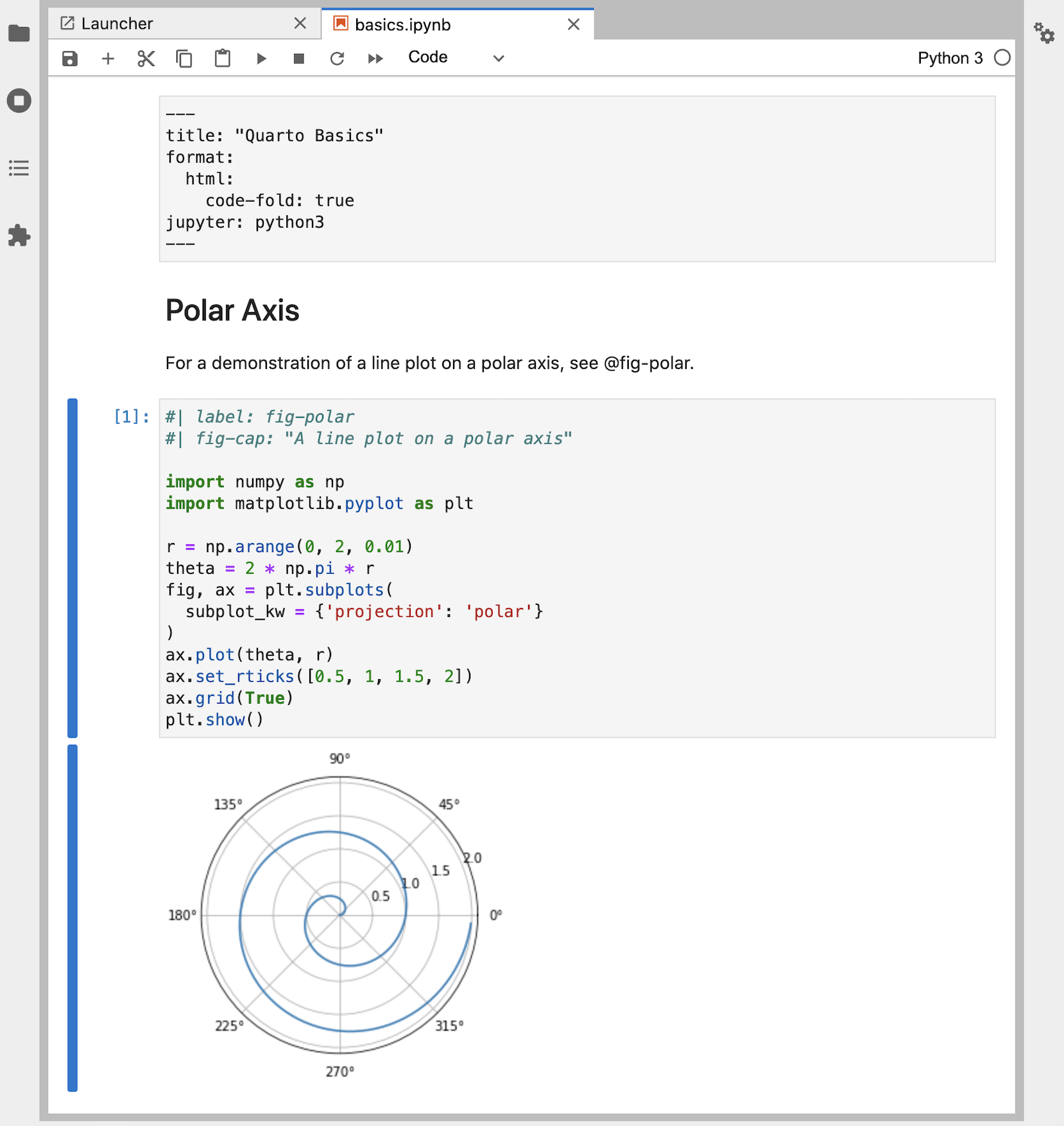Quarto Basics라는 제목의 Jupyter 노트북으로, 텍스트와 코드 셀, 그리고 코드 셀 결과인 극좌표 선 그래프가 포함된 스크린샷.