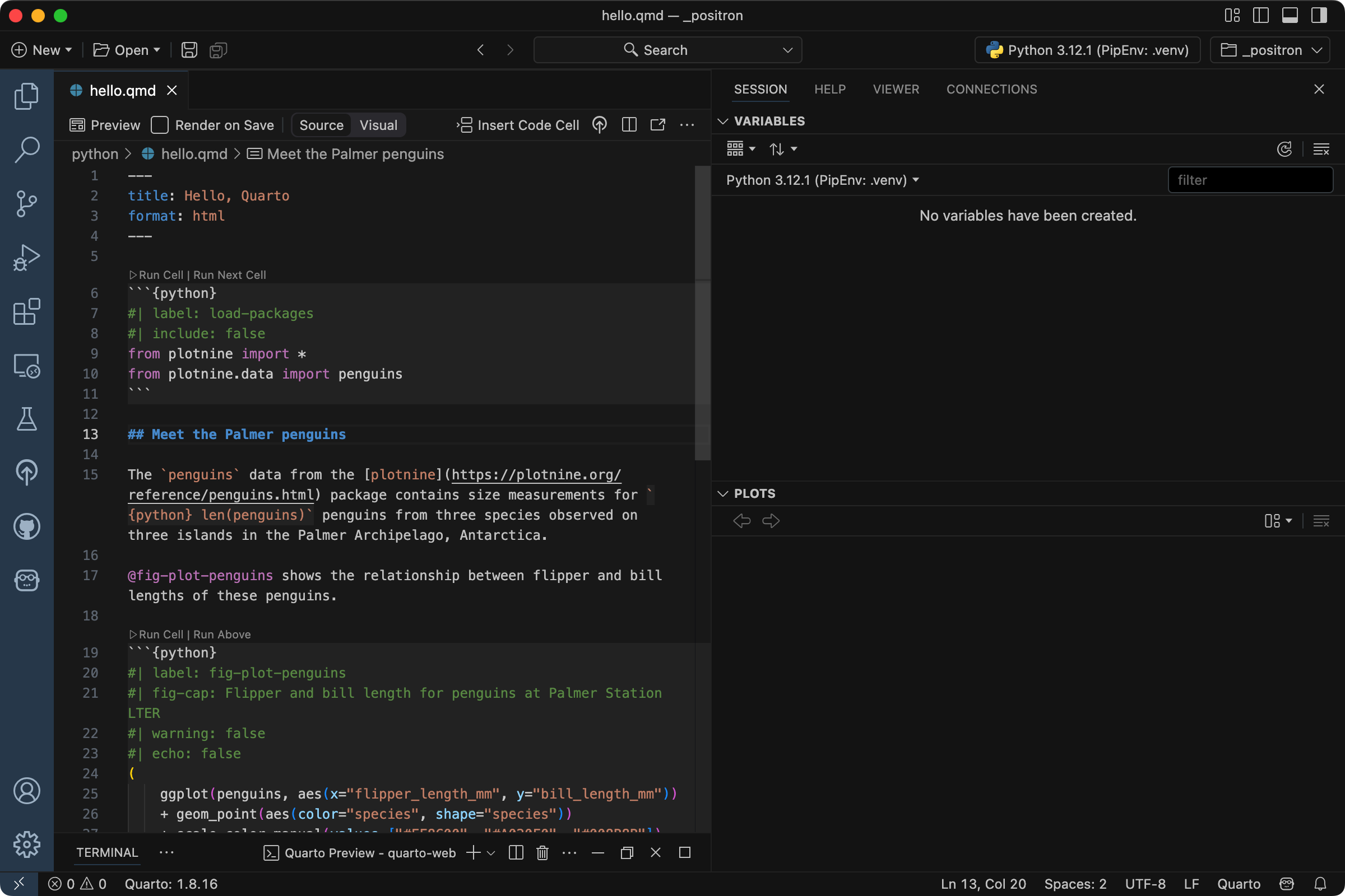 Positron의 Editor에서 `hello.qmd` 파일이 열려 있는 모습.