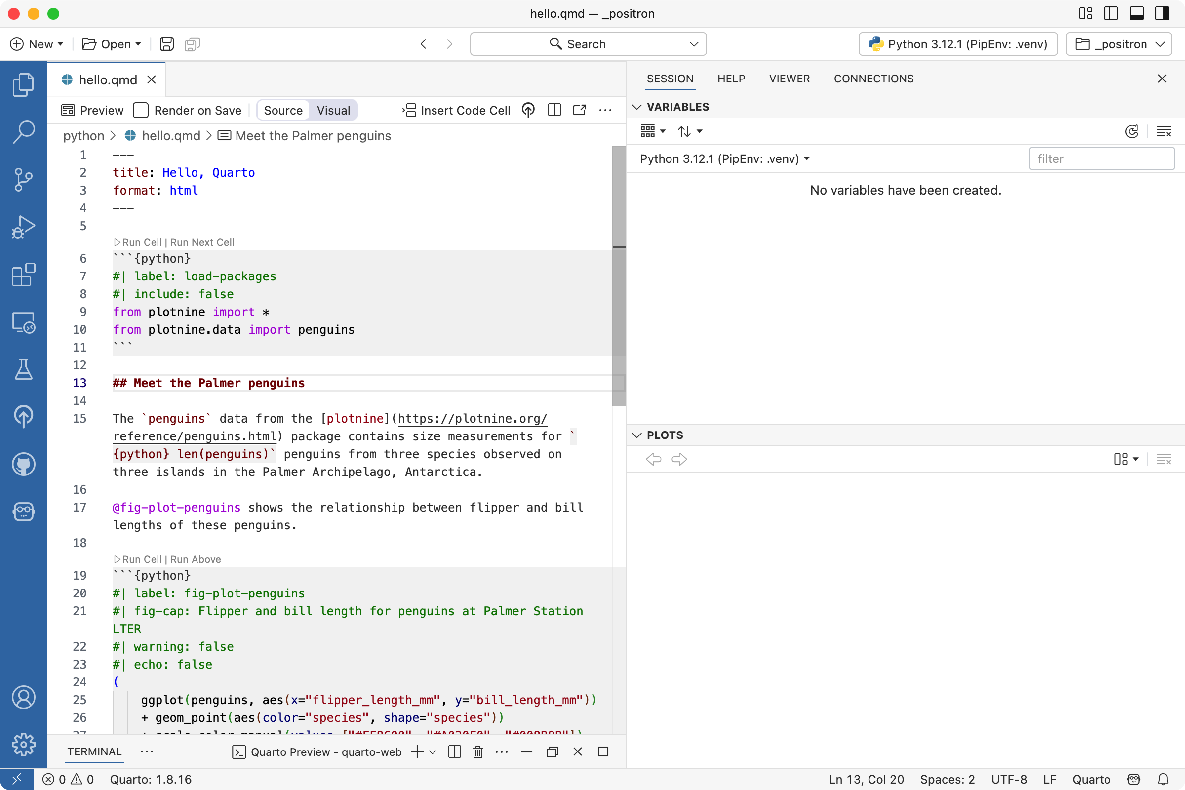 Positron의 Editor에서 `hello.qmd` 파일이 열려 있는 모습.
