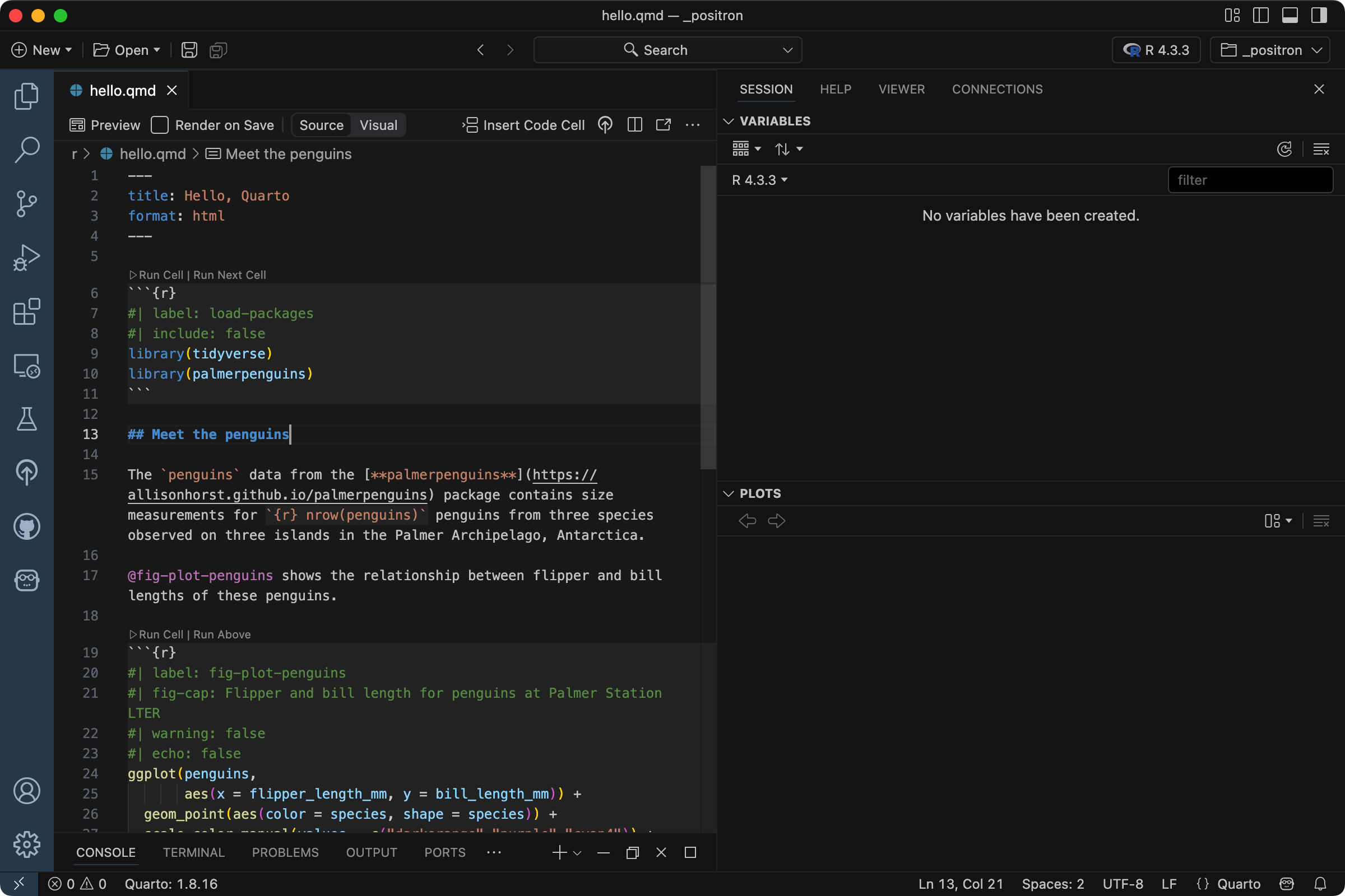 Positron의 Editor에서 `hello.qmd` 파일이 열려 있는 모습.