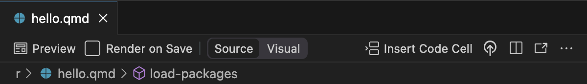 Positron 코드 편집기 상단. 편집기 탭 영역 왼쪽에 Preview 버튼이 포함되어 있습니다.