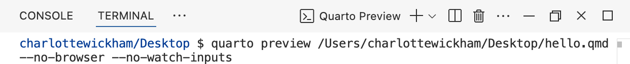Positron 터미널 패널에 'quarto preview hello.qmd' 명령이 표시됩니다.