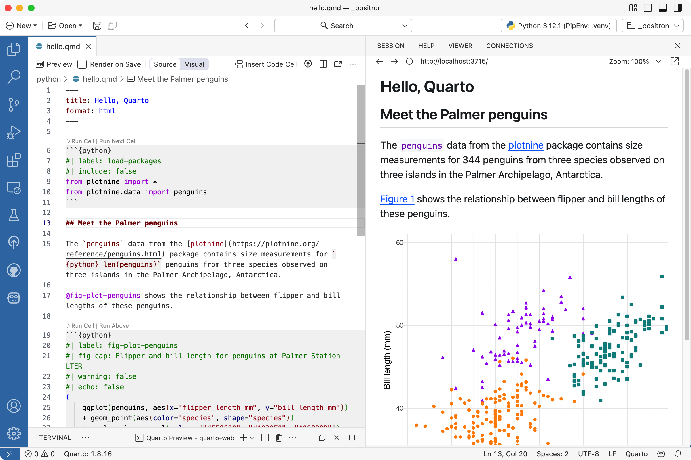 Positron에서 `hello.qmd`가 Editor에 열려 있고 Viewer에 미리보기가 표시됩니다. Editor에서 'Meet the Palmer penguins'로 수정된 마크다운 섹션이 보이며 Viewer에서도 동일한 섹션 제목이 업데이트됩니다.