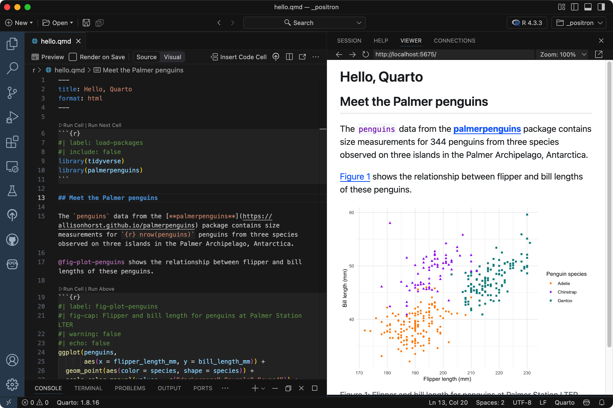 Positron에서 `hello.qmd`가 Editor에 열려 있고 Viewer에 미리보기가 표시됩니다. Editor에서 'Meet the Palmer penguins'로 수정된 마크다운 섹션이 보이며 Viewer에서도 동일한 섹션 제목이 업데이트됩니다.