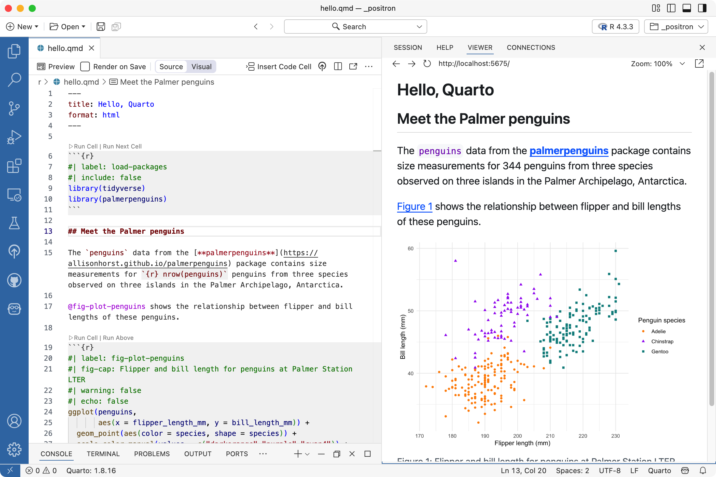 Positron에서 `hello.qmd`가 Editor에 열려 있고 Viewer에 미리보기가 표시됩니다. Editor에서 'Meet the Palmer penguins'로 수정된 마크다운 섹션이 보이며 Viewer에서도 동일한 섹션 제목이 업데이트됩니다.