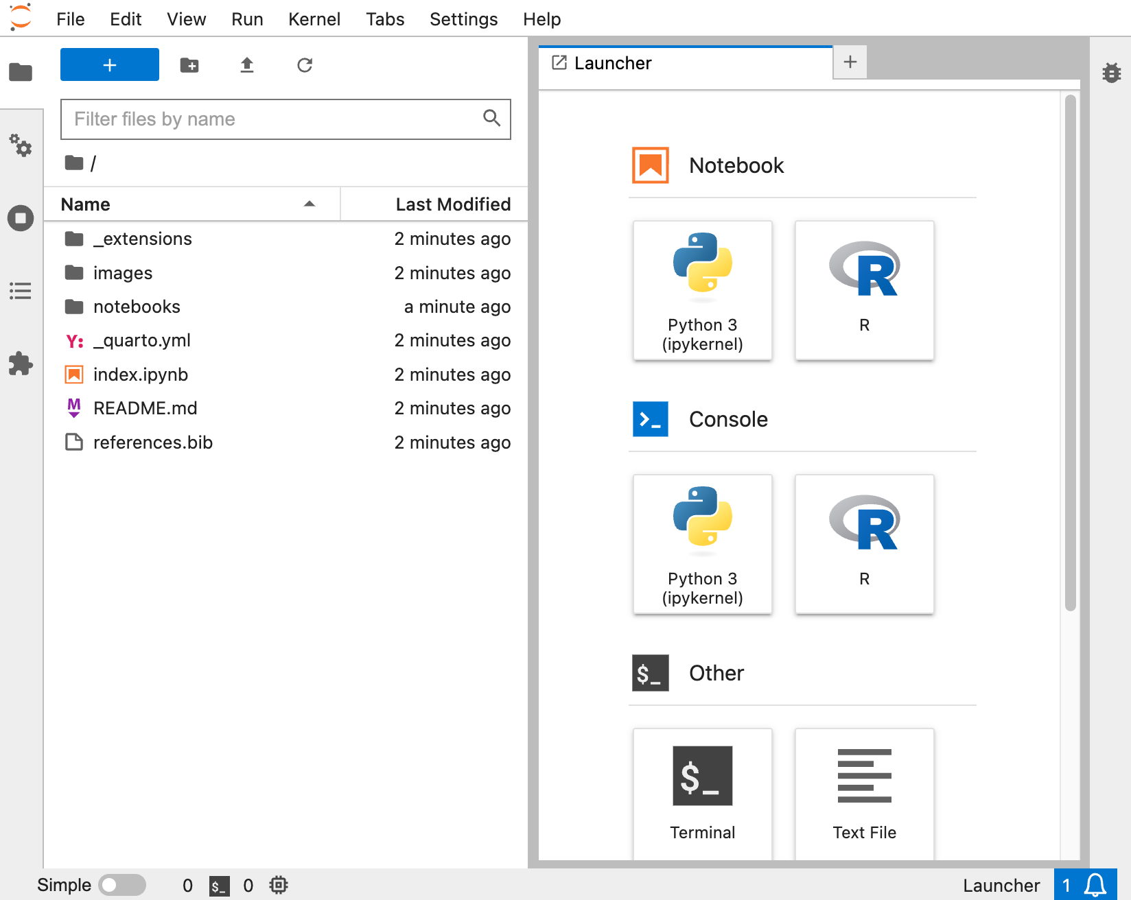 Jupyter Lab 스크린샷. 파일 브라우저에 _extensions, images, notebooks 폴더와 _quarto.yml, index.ipynb, README.md, references.bib 파일이 보인다.