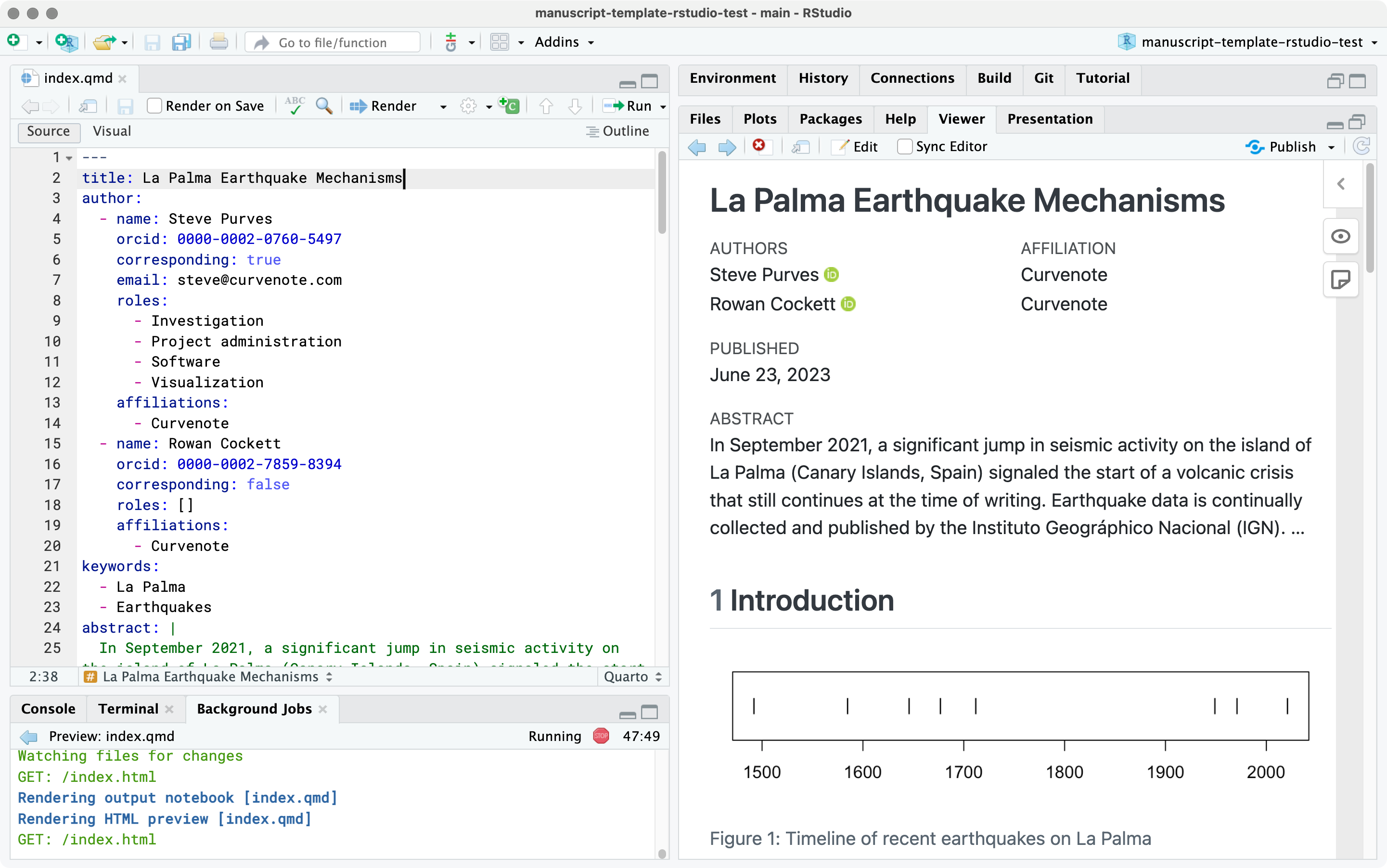 RStudio IDE 스크린샷. Source 패널에 title: La Palma Earthquake Mechanisms가 있는 index.qmd 파일이 열려 있고 Viewer 패널에는 같은 제목의 논문 웹페이지가 보인다.