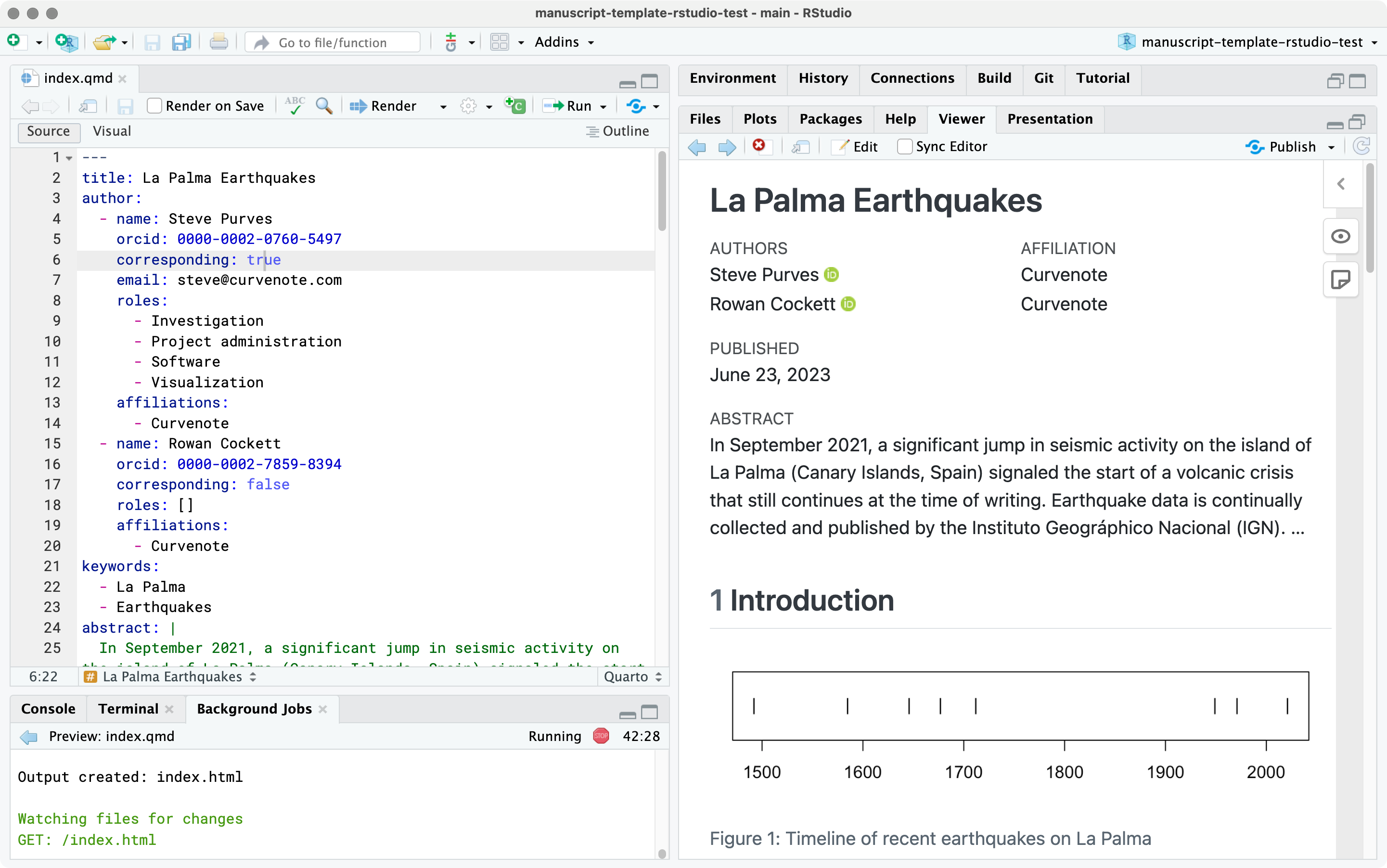 RStudio IDE 스크린샷. Source 패널에 index.qmd 파일이 열려 있고 Viewer 패널에는 La Palma Earthquakes 헤더로 시작하는 웹사이트가 보인다.