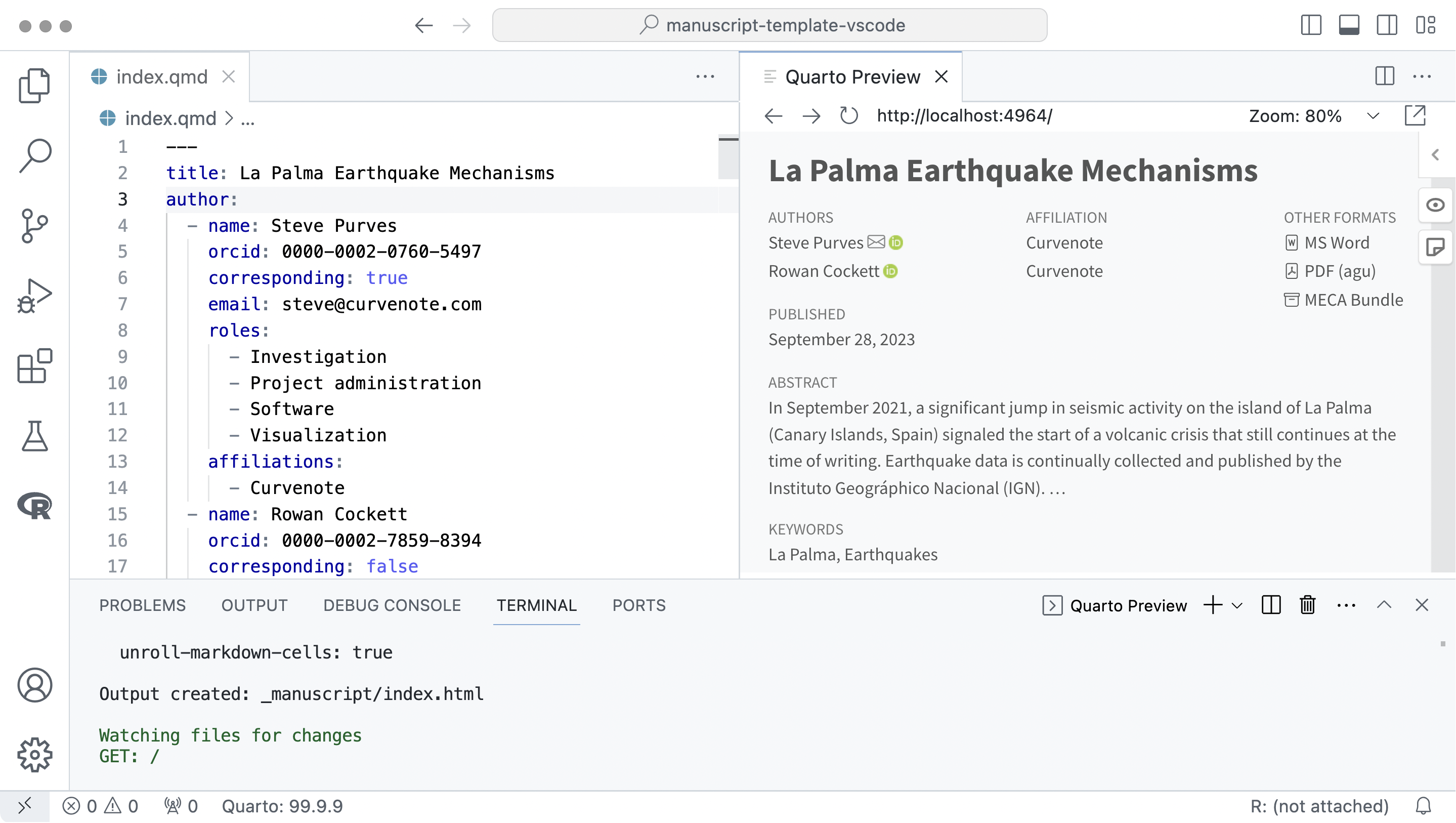 VS Code 스크린샷. Editor 패널에 title: La Palma Earthquake Mechanisms가 있는 index.qmd 파일이 열려 있고 Quarto Preview 패널에는 같은 제목의 논문 웹페이지가 보인다.