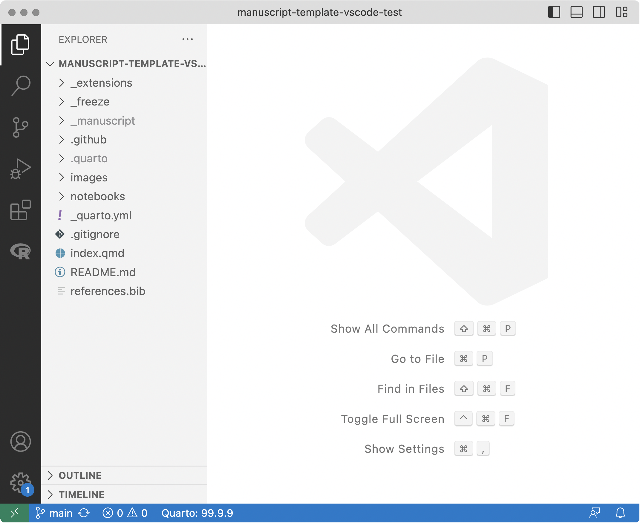 VS Code 스크린샷. 파일 탐색기에 _extensions, _freeze, .github, images, notebooks 폴더와 _quarto.yml, index.ipynb, README.md, references.bib 파일이 보인다.