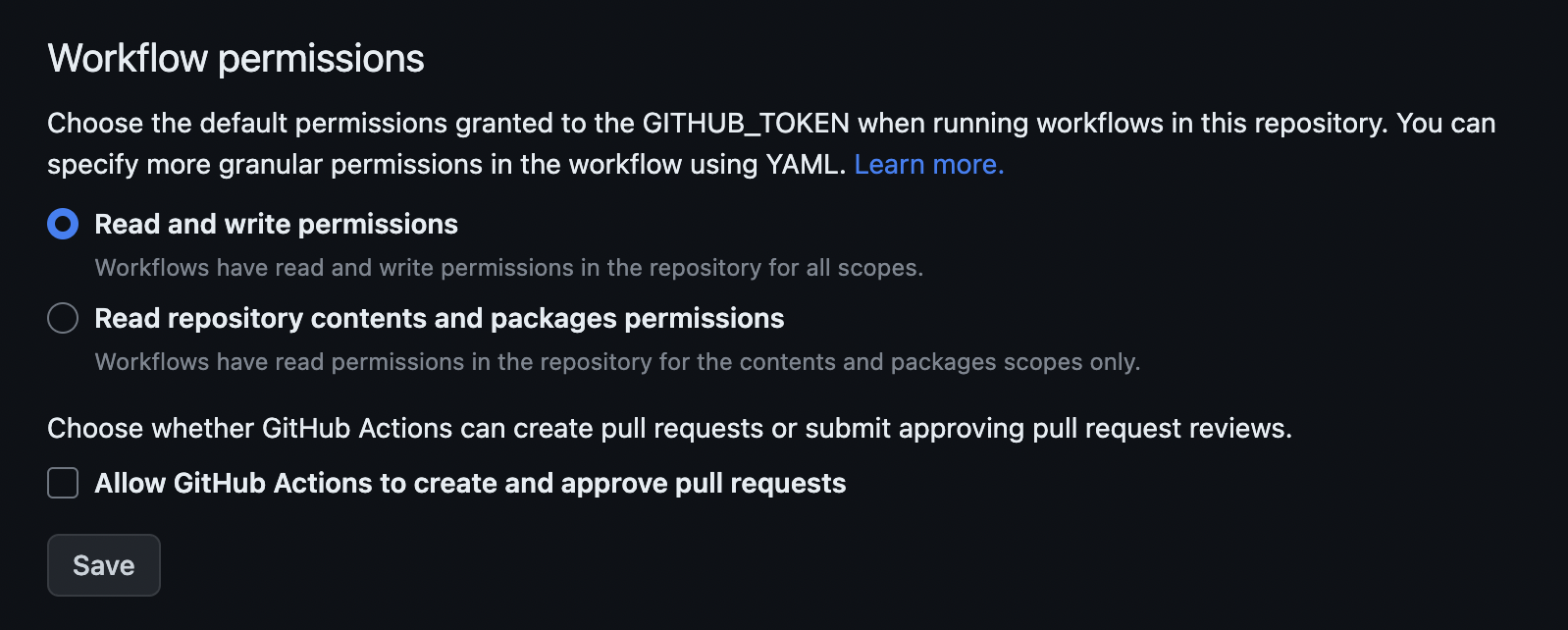 GitHub 리포지토리 설정 스크린샷. Workflow Permissions 아래의 'Read and Write Permission' 옵션이 체크되어 있다.