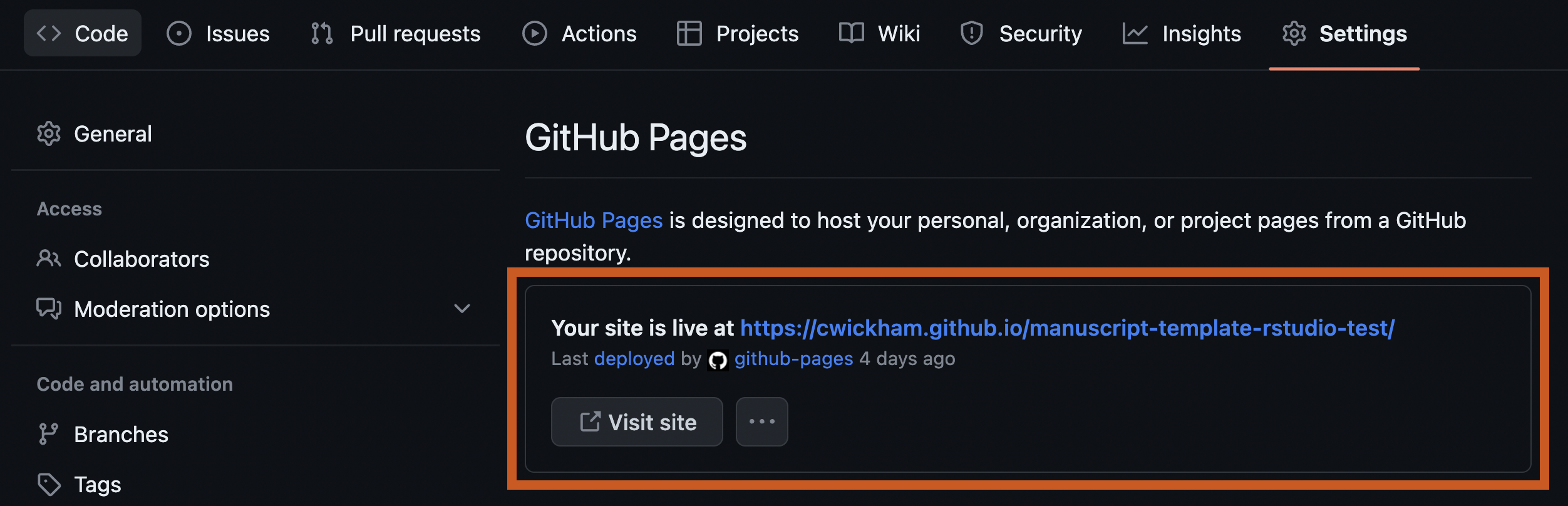 GitHub Pages 설정 스크린샷. GitHub Pages 헤딩 아래에 'Your page is live at:'으로 시작하는 문구와 URL이 보인다.