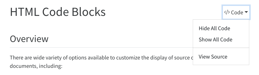 렌더링된 Quarto 문서 헤더 스크린샷. code-fold와 code-tools를 true로 설정한 결과로, 페이지 제목 오른쪽에 'Code' 드롭다운 메뉴가 보이며 아래로 향한 삼각형이 있다. 메뉴가 열려 있고 'Hide All Code', 'Show All Code', 'View Source' 항목이 세로로 나열되어 있다.