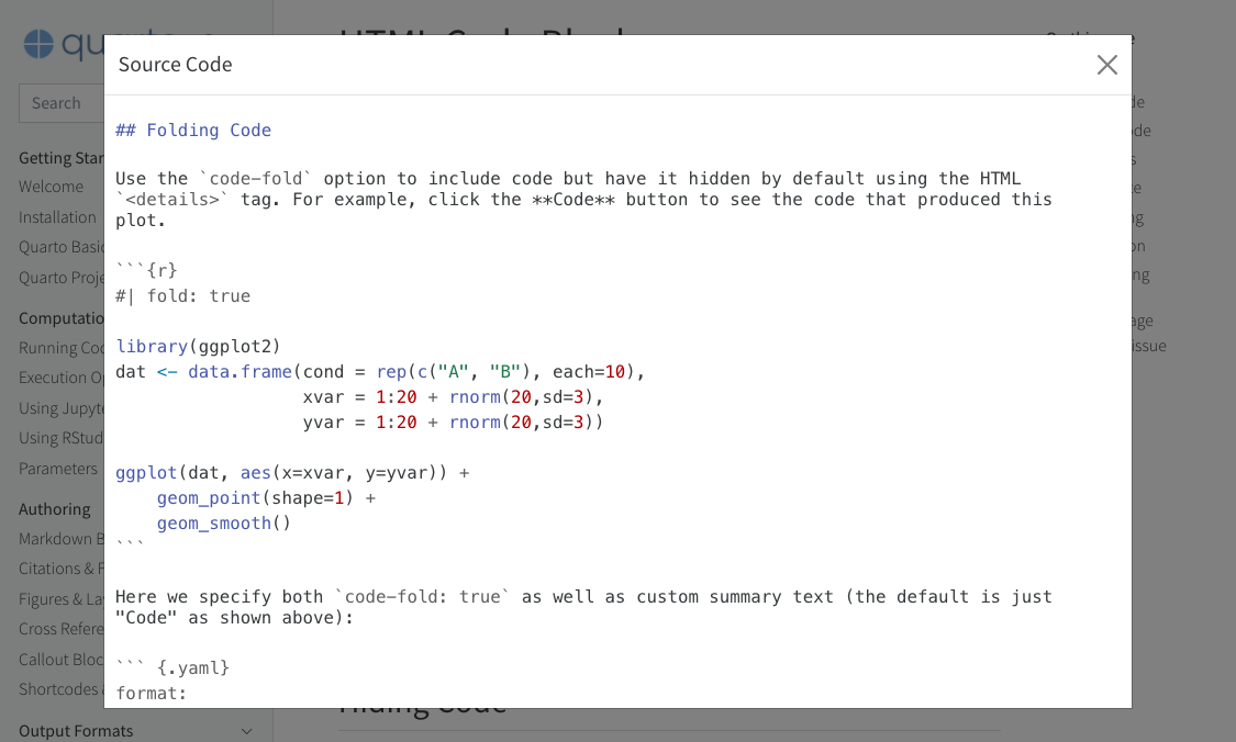 이 웹페이지 위에 'Source Code' 팝업 창이 표시된 스크린샷. 팝업에는 이 페이지를 작성한 원시 마크다운과 R 코드가 들어 있으며, 오른쪽 상단에 닫기용 'X'가 있다.