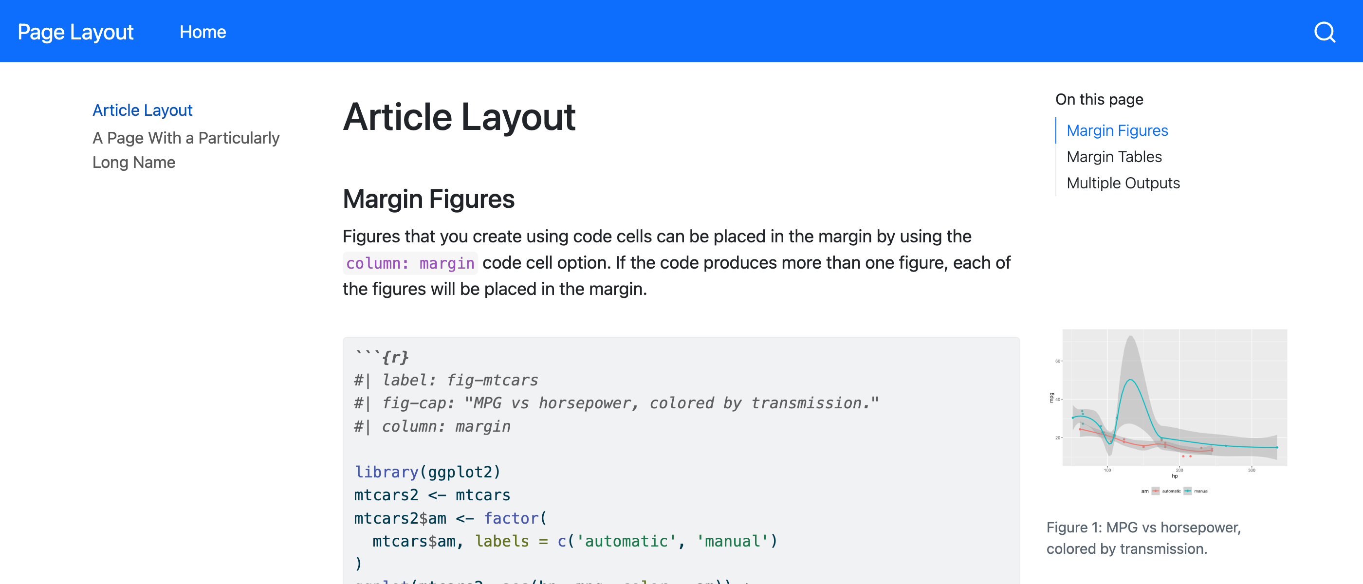 사이드바, 본문, 여백의 기본 레이아웃을 표시하는 Quarto 웹사이트 스크린샷.