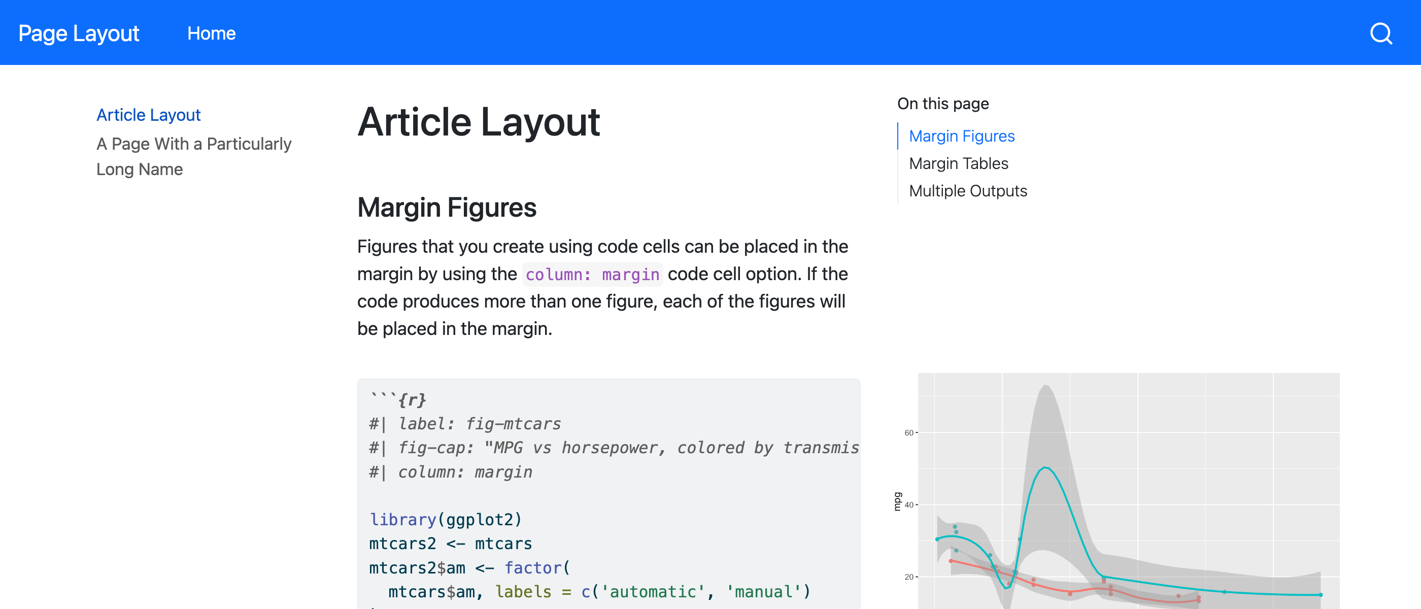 여백에 더 많은 공간을, 본문에 더 적은 공간을 할당한 변경된 레이아웃의 Quarto 웹사이트 스크린샷.