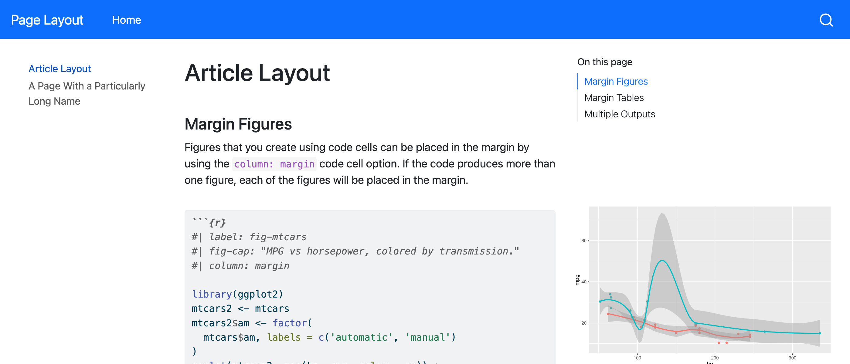 여백에 더 많은 공간을 할당한 변경된 레이아웃의 Quarto 웹사이트 스크린샷.