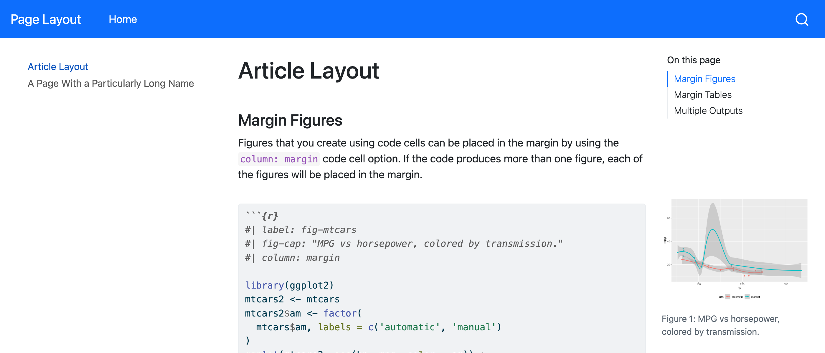 사이드바에 더 많은 공간을 할당한 변경된 레이아웃의 Quarto 웹사이트 스크린샷.