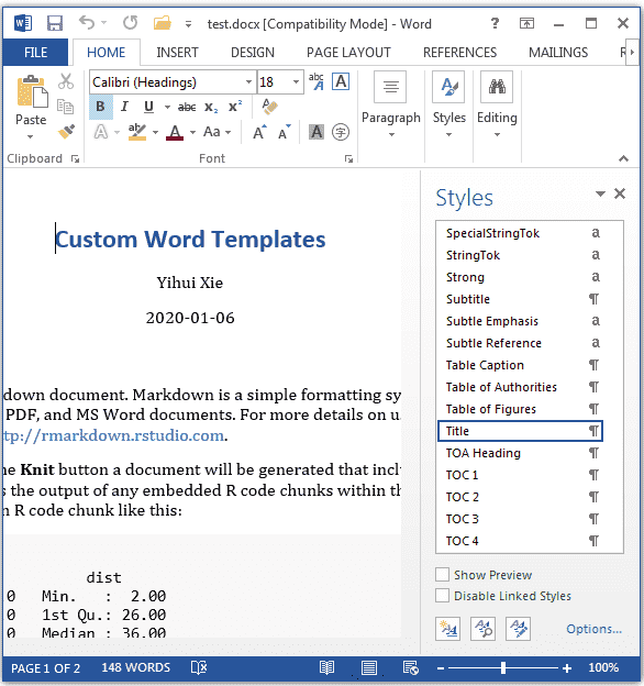 문서 왼쪽에 스타일 창이 열린 Microsoft Word 문서 스크린샷.