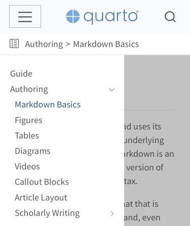 사이드바가 완전히 열려 사이드바 메뉴가 보이는 모바일 크기의 Quarto 내비게이션 바 상단 영역.