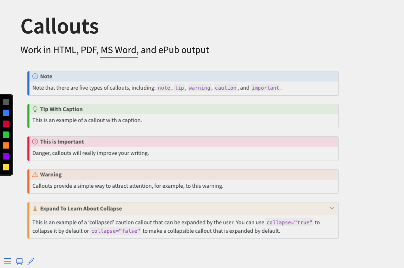 노트 캔버스가 활성화된 슬라이드로, 왼쪽에는 색상 선택 패널이 있고 하단에는 붓이 있는 메뉴 바가 있음. 슬라이드 헤더의 단어 하나가 파란색으로 밑줄 그어져 있음.