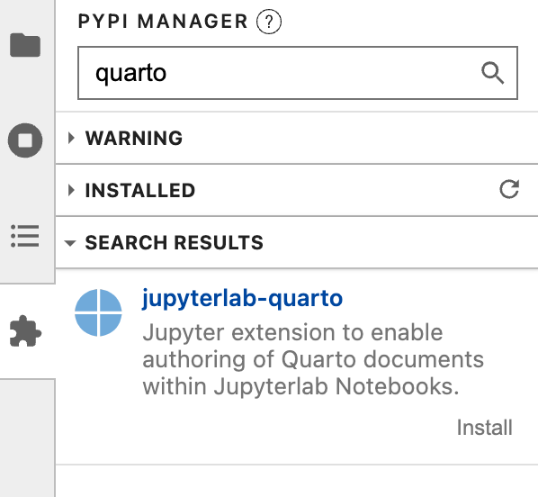 Jupyter Lab Extension Manager에서 검색 상자에 'quarto'가 입력되어 있고, 검색 결과로 'jupyterlab-quarto' 이름의 확장이 표시된 화면.