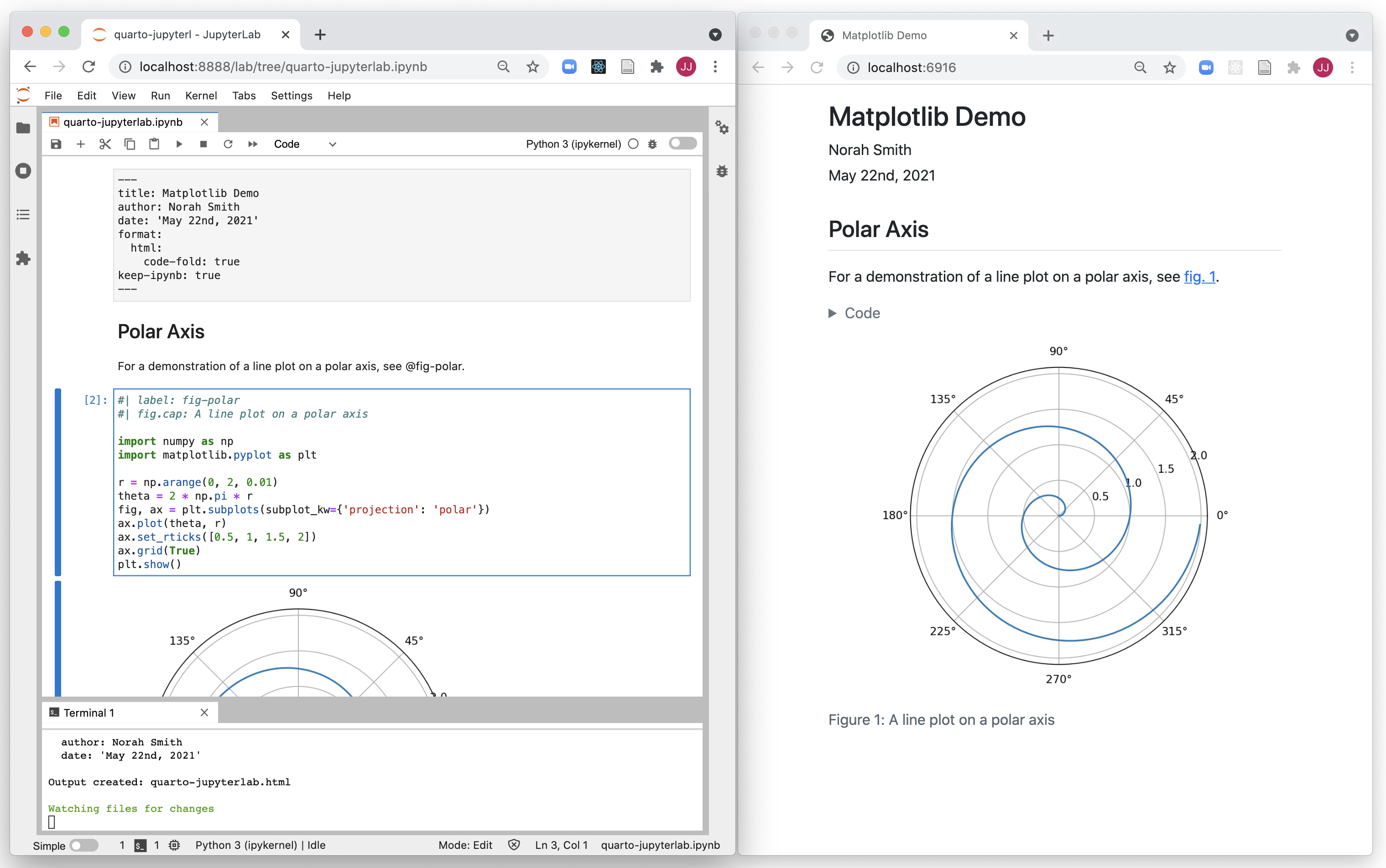 두 개의 웹 브라우저 창이 나란히 배치되어 있습니다. 왼쪽 창은 JupyterLab 창입니다. 이 Jupyter 문서의 내용이 오른쪽 창에서 Quarto에 의해 렌더링되어 표시됩니다.