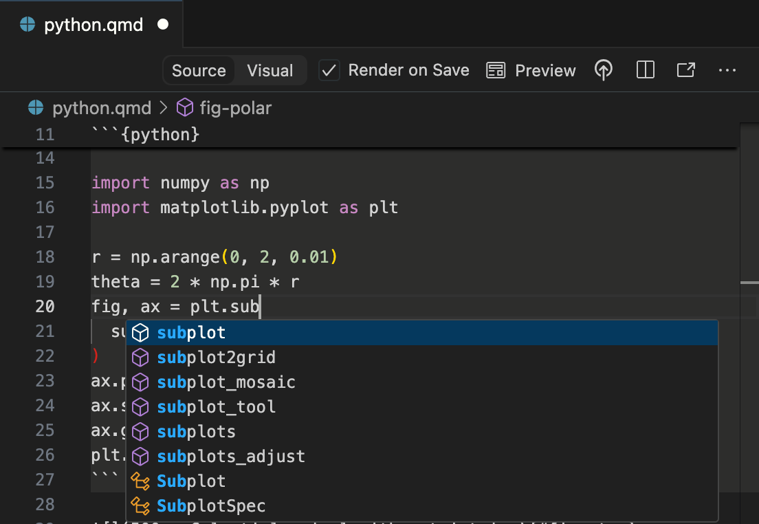 Positron의 Quarto 문서에 Python 코드 셀이 있습니다. Python 셀에서 코드 완성 도우미가 활성화되어 있습니다.