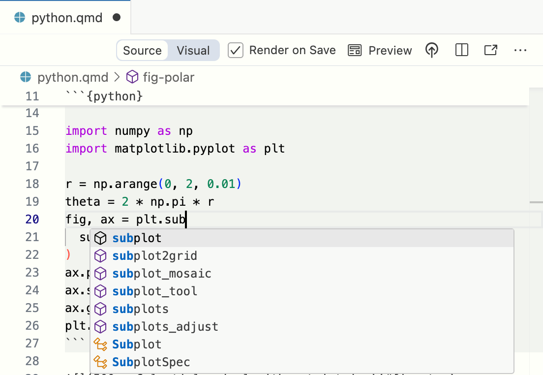 Positron의 Quarto 문서에 Python 코드 셀이 있습니다. Python 셀에서 코드 완성 도우미가 활성화되어 있습니다.