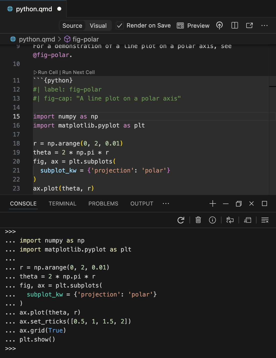 Positron에 두 개의 패널이 열려 있고, 오른쪽에 소스 코드, 왼쪽에 해당 코드의 인터랙티브 출력이 표시됩니다.